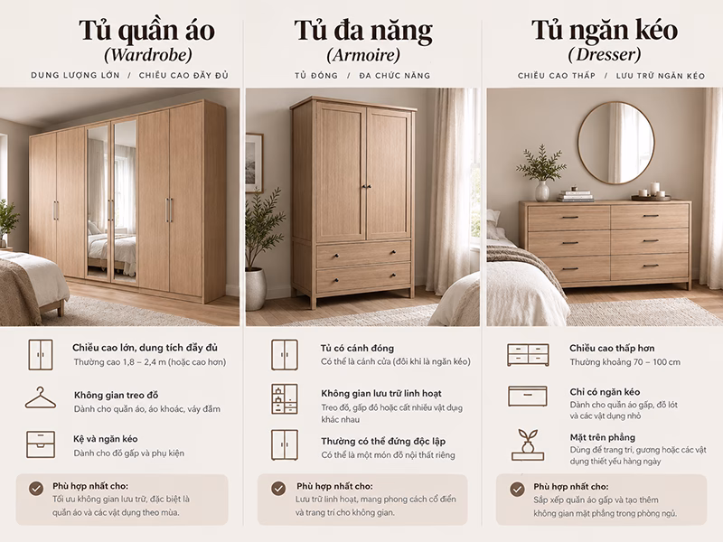 Tủ Quần Áo, Tủ Áo Đứng Và Tủ Ngăn Kéo: Phân Biệt Các Loại Nội Thất Lưu Trữ Phòng Ngủ